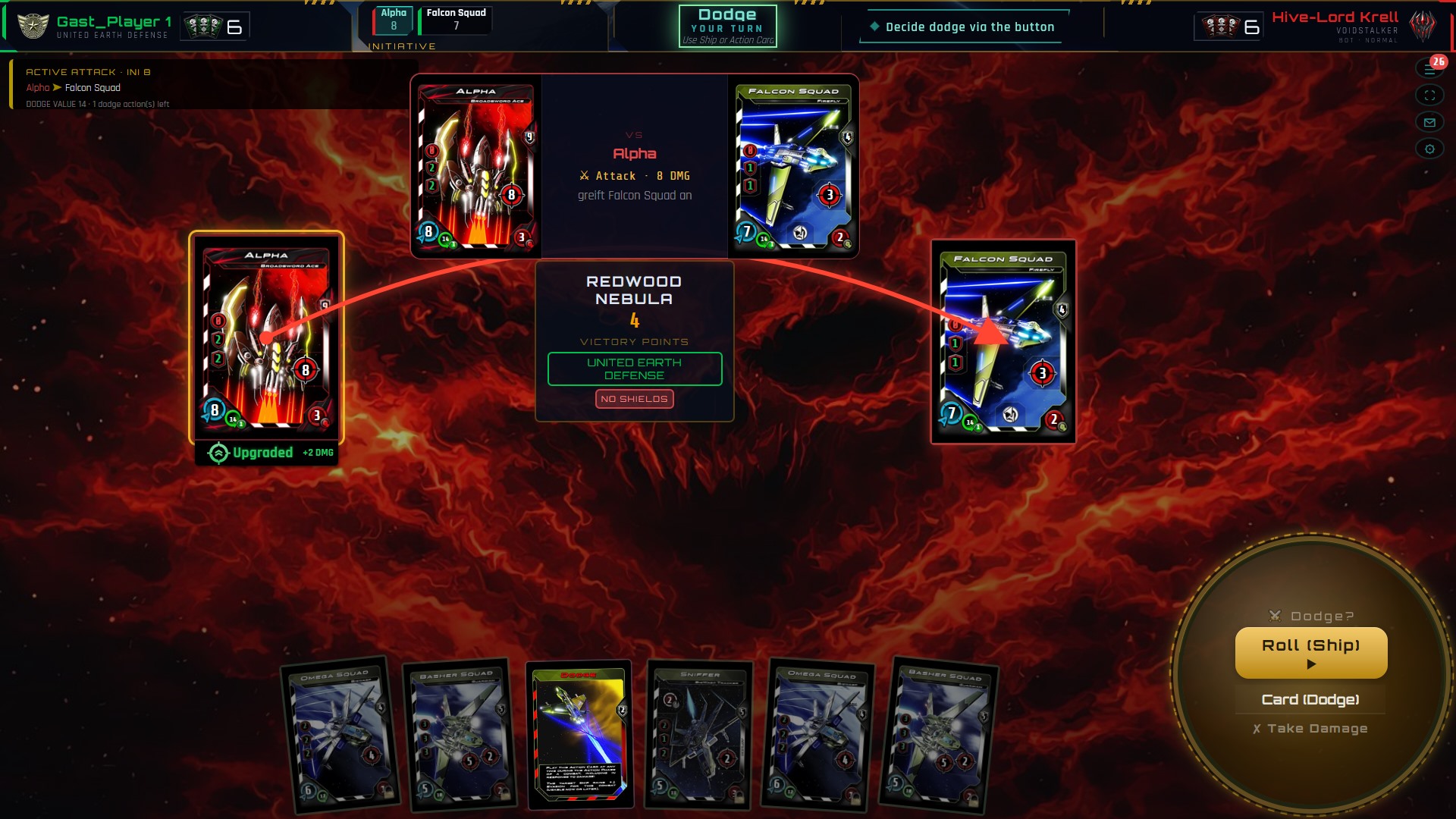 Combat at Redwood Nebula with an attack and dodge choice