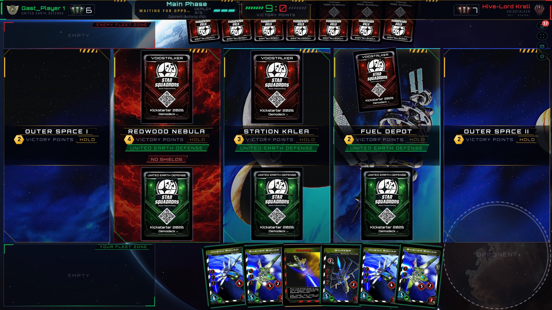Battlefield with cards deployed by both players and locations held by United Earth Defense