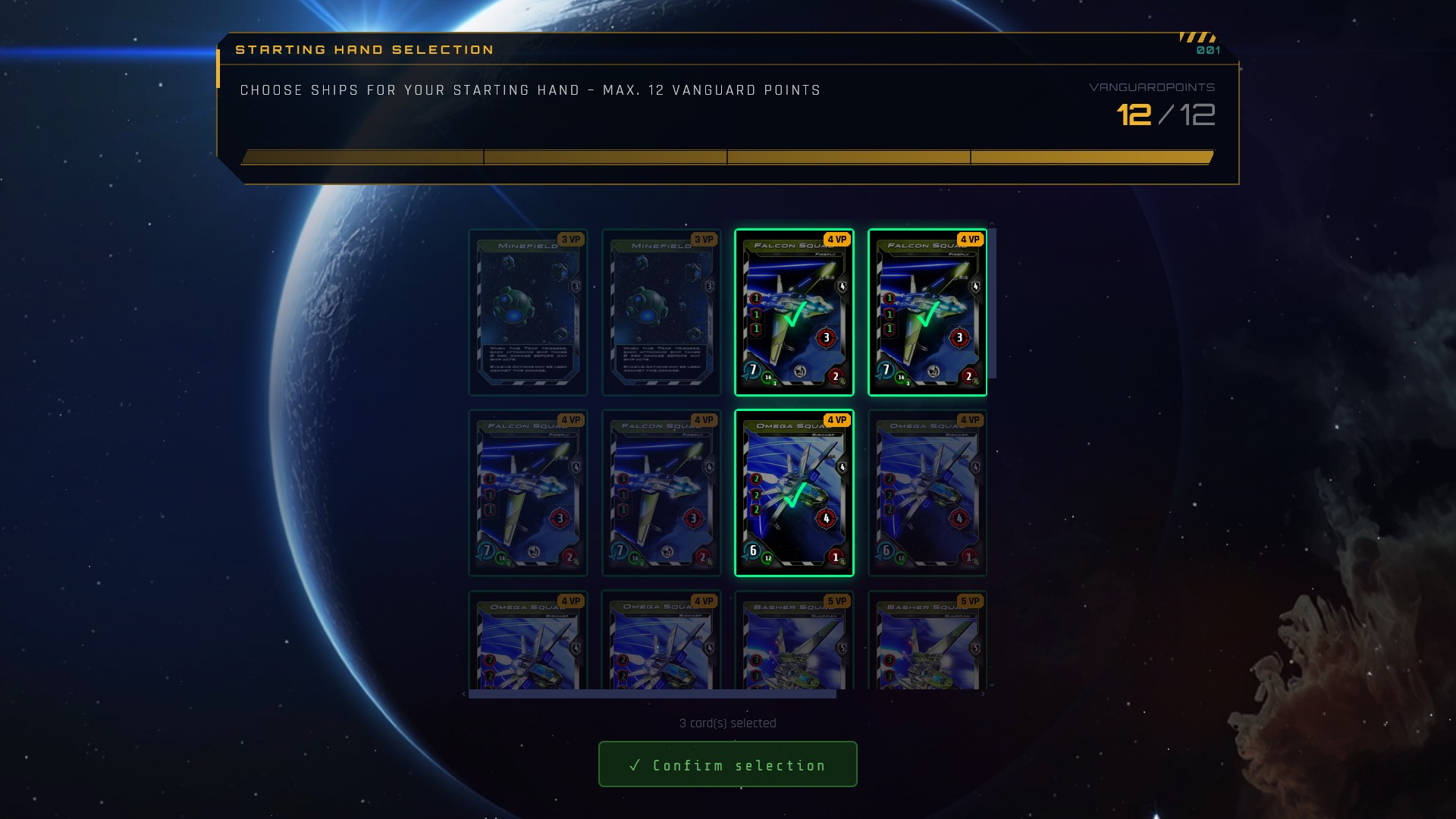 Starting hand selection with three spaceship cards selected